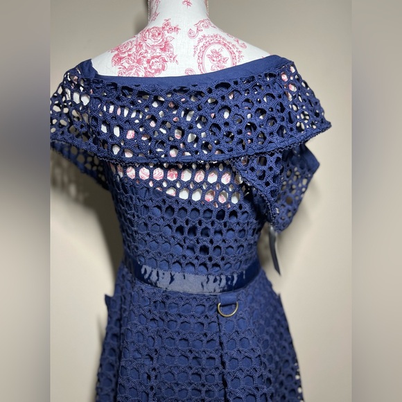 NWT LUXE Self Portrait Replica Navy One Shoulder Guipure Lace Midi Dress sz 8 - Picture 5 of 14
